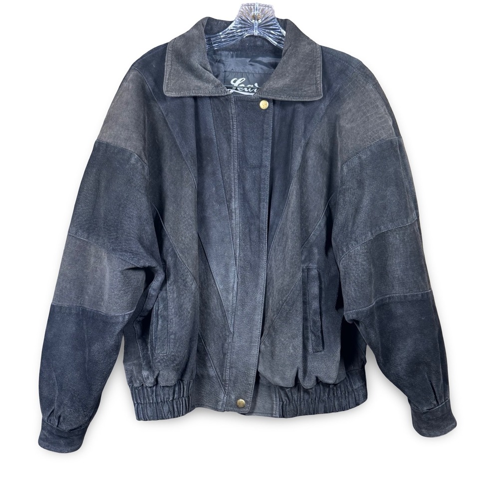 Learsi VTG 80s Suede Leather Bomber Jacket‎ Gray Patchwork Zip Medium Moto